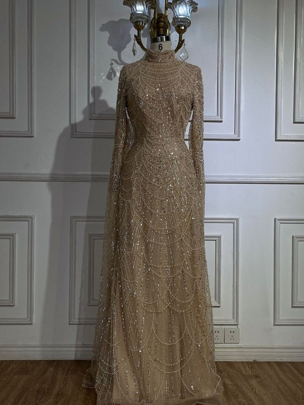 Champagne Long Sleeve Hand-Beaded Sequin Mermaid Evening Gown Size 6